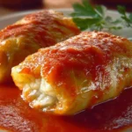 Plate of stuffed cabbage rolls topped with rich tomato sauce