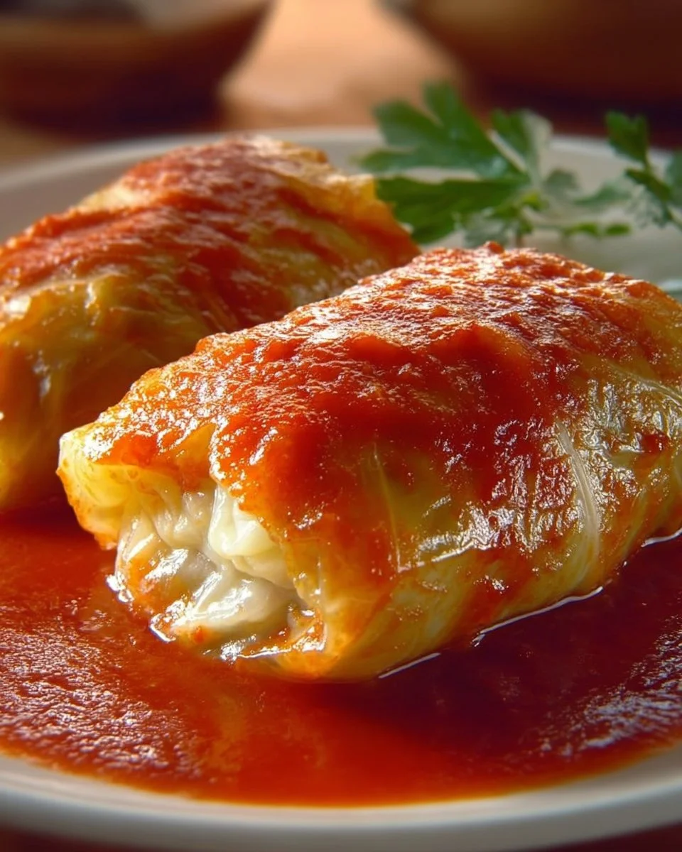 Plate of stuffed cabbage rolls topped with rich tomato sauce