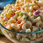 A bowl of sweet macaroni salad with colorful vegetables and a creamy dressing