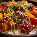 Plate of sweet teriyaki chicken garnished with sesame seeds and green onions