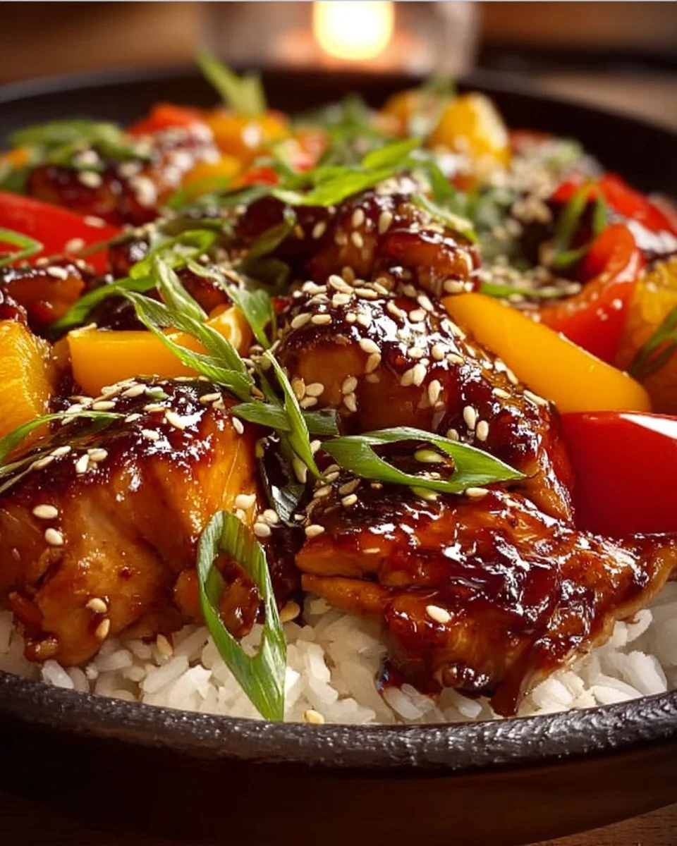Plate of sweet teriyaki chicken garnished with sesame seeds and green onions