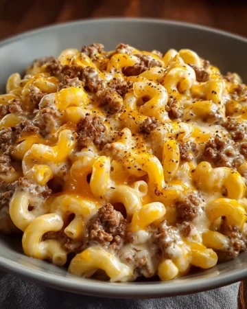 Tender Ranch Beef & Cheddar Macaroni Melt dish topped with melted cheese.