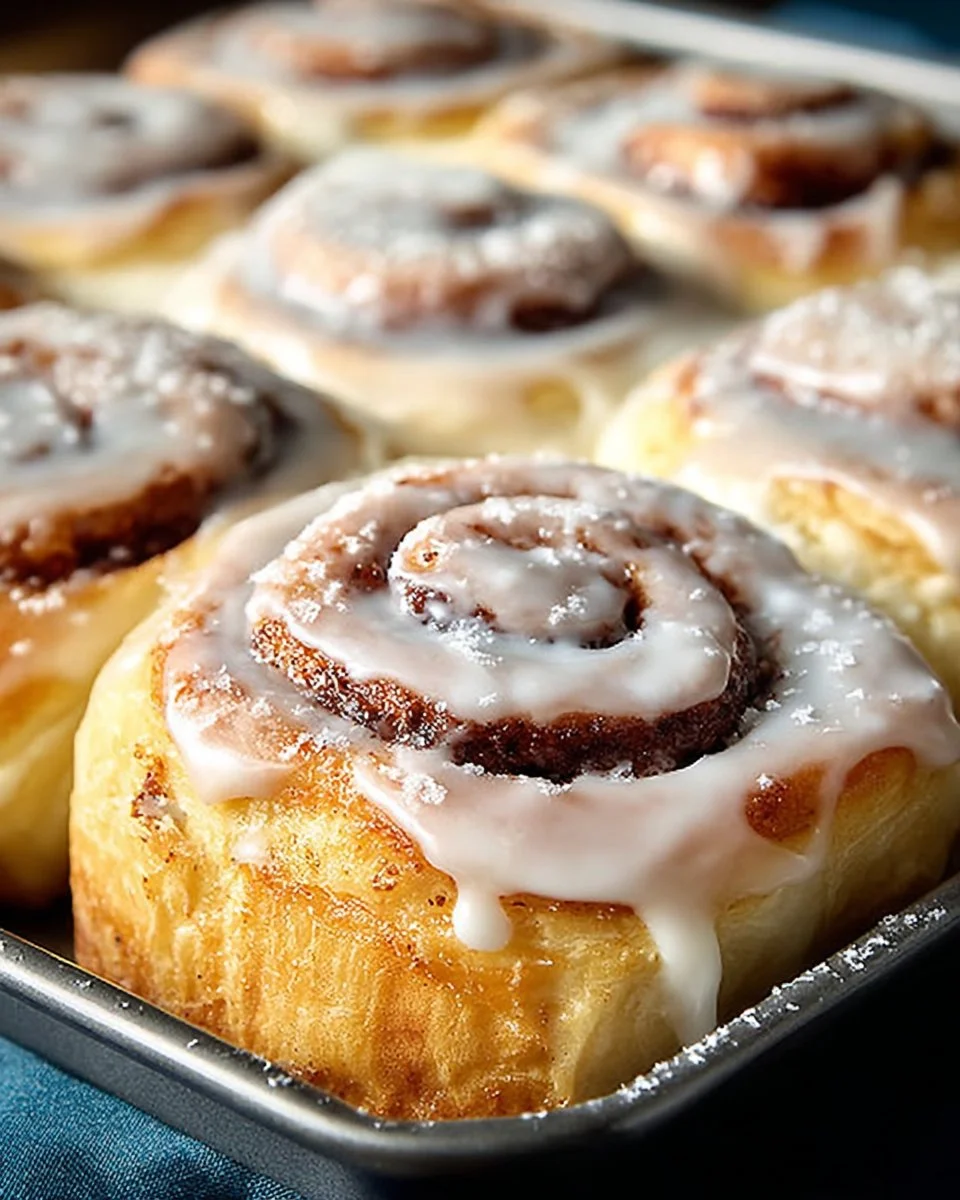 Freshly baked cinnamon rolls topped with icing on a wooden table