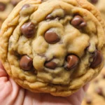 A plate of freshly baked toll house chocolate chip cookies with melted chocolate chips.