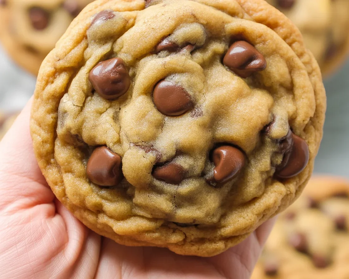A plate of freshly baked toll house chocolate chip cookies with melted chocolate chips.