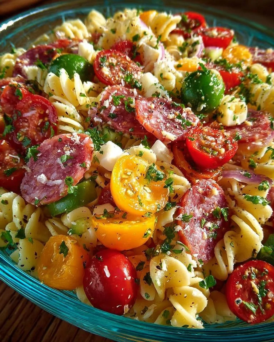 Colorful Antipasto Pasta Salad with olives, peppers, and cheese