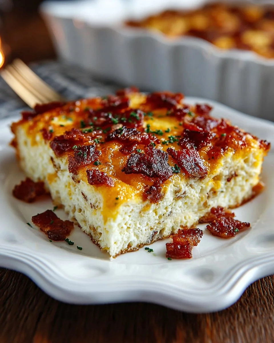 Delicious Bacon Egg and Cheese Casserole served on a plate