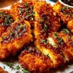 Baked Crunchy Hot Honey Chicken garnished with herbs and spices on a plate