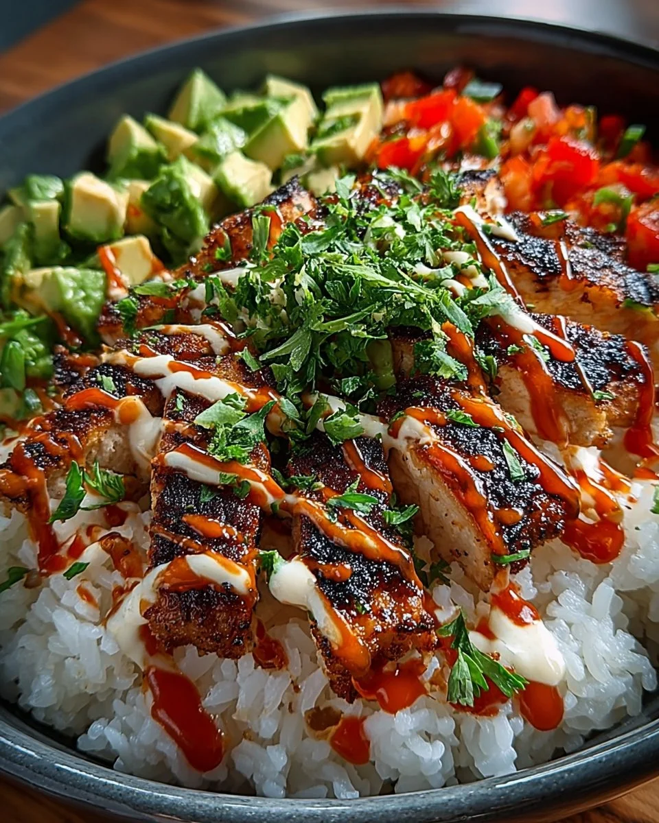 Delicious Bang Bang Chicken Bowl with spicy sauce and fresh veggies