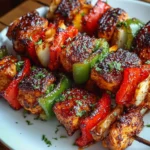 Grilled BBQ chicken skewers served with vegetables and sauce