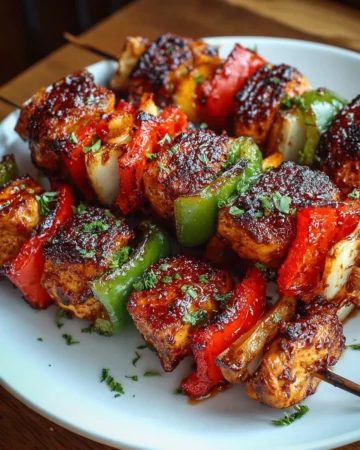 Grilled BBQ chicken skewers served with vegetables and sauce