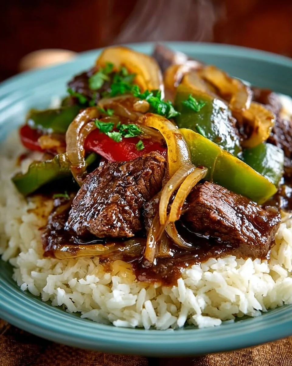 Delicious beef tips served with rice in a hearty meal
