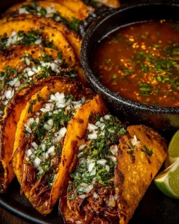 Delicious homemade Birria Tacos served with consomé for dipping