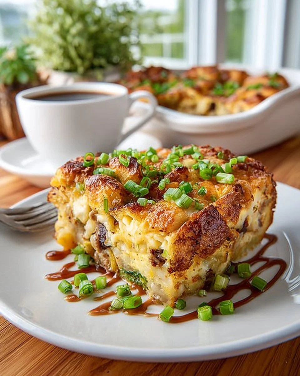 Delicious breakfast potato casserole baked with eggs, cheese, and veggies