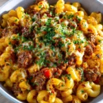 Delicious cheeseburger pasta served in a bowl, garnished with parsley.