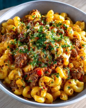 Delicious cheeseburger pasta served in a bowl, garnished with parsley.