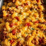 Delicious Cheeseburger Pasta Casserole topped with cheese and herbs