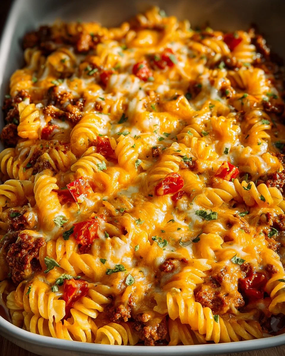 Delicious Cheeseburger Pasta Casserole topped with cheese and herbs