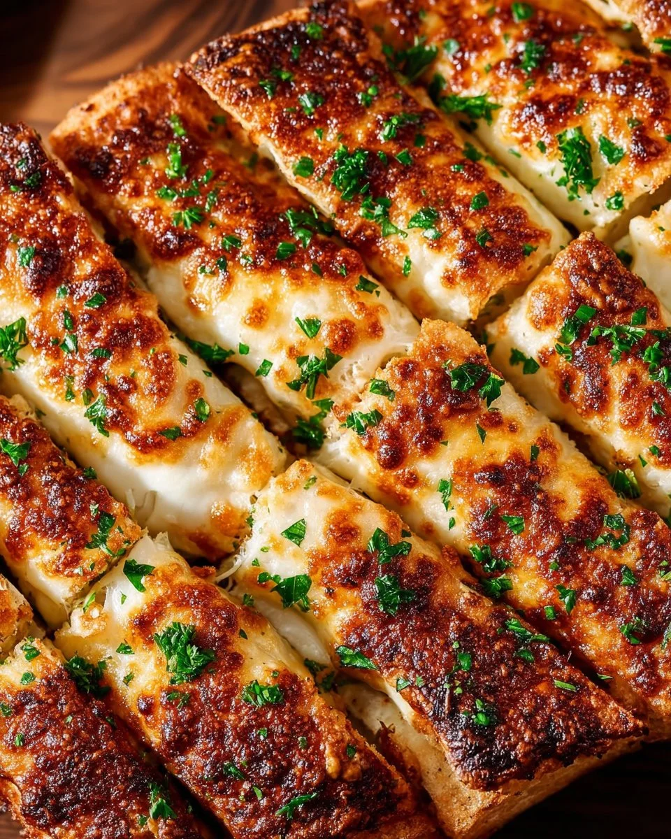 Delicious cheesy garlic bread topped with melted cheese and herbs