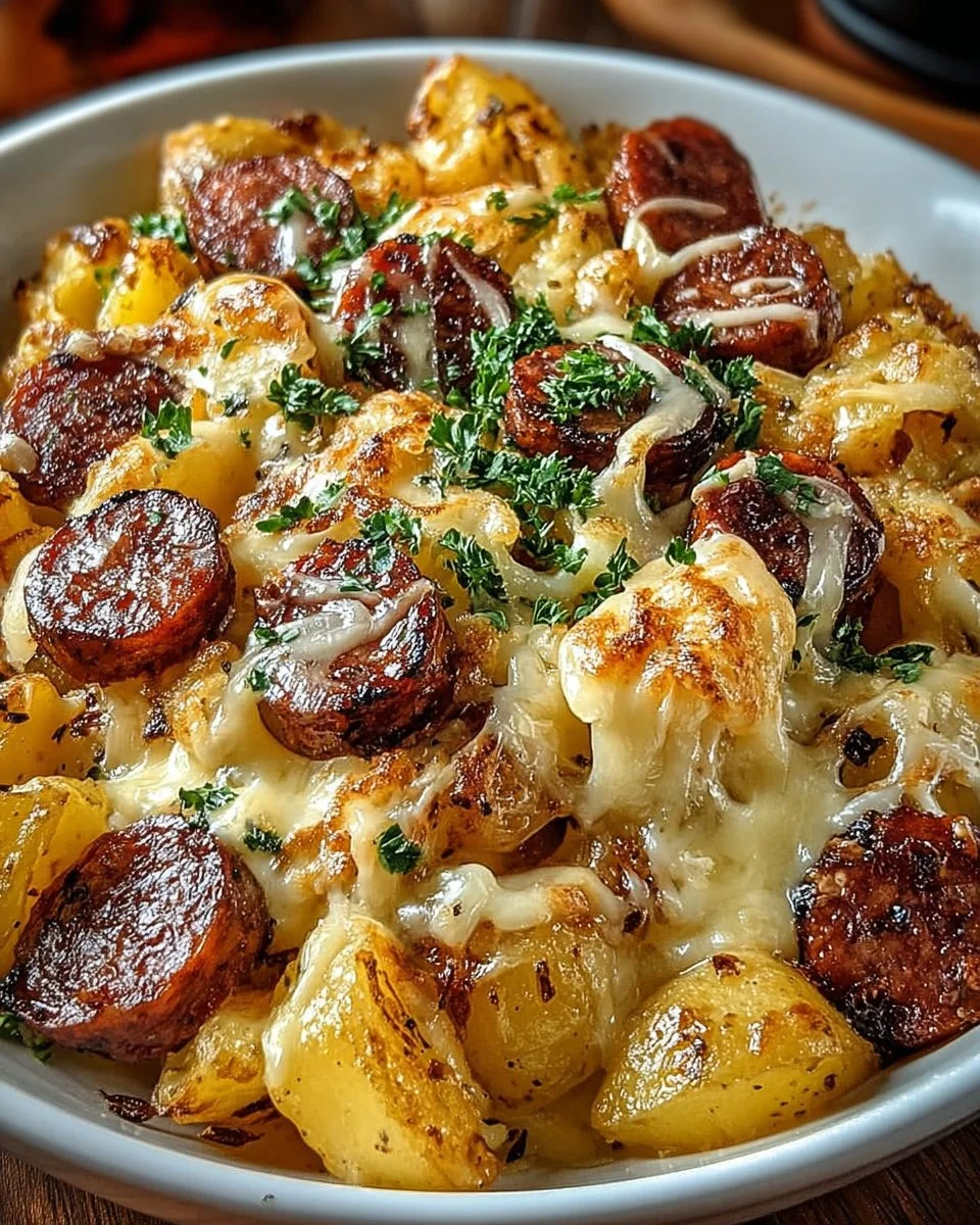 Delicious Cheesy Ranch Potatoes with smoked sausage served in a bowl