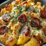 Delicious Cheesy Ranch Potatoes with Smoked Sausage baked to perfection