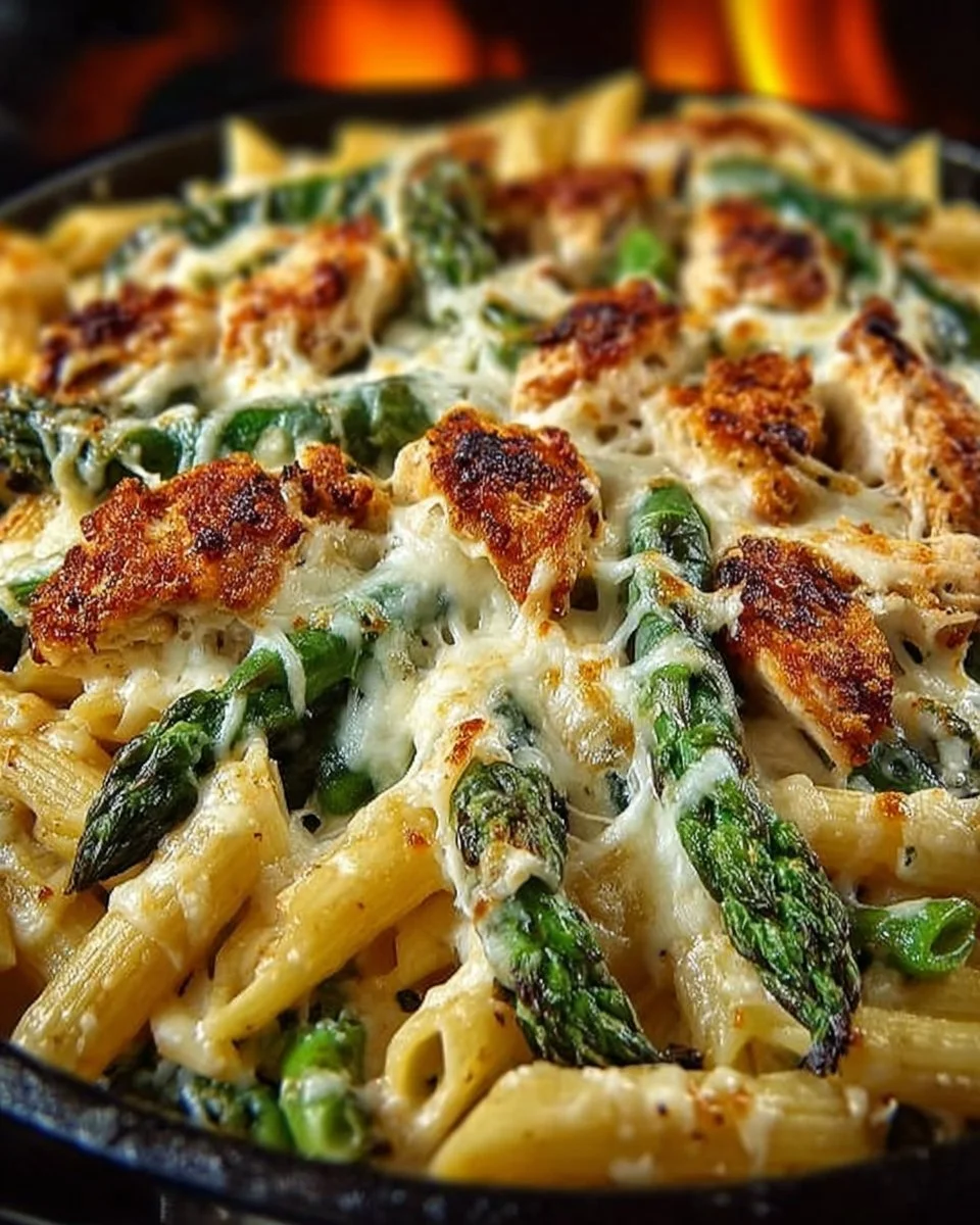 Delicious Chicken Asparagus Penne dish served with fresh ingredients.