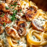 Delicious Chicken Mushroom Alfredo served with fresh parsley and parmesan cheese