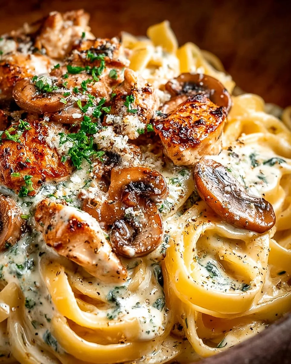 Delicious Chicken Mushroom Alfredo served with fresh parsley and parmesan cheese