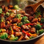 Delicious chicken stir-fry with colorful vegetables in a pan