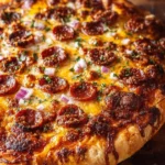 Delicious and spicy Chili Pizza topped with fresh ingredients