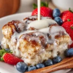 Delicious cinnamon roll casserole dish topped with icing and cinnamon