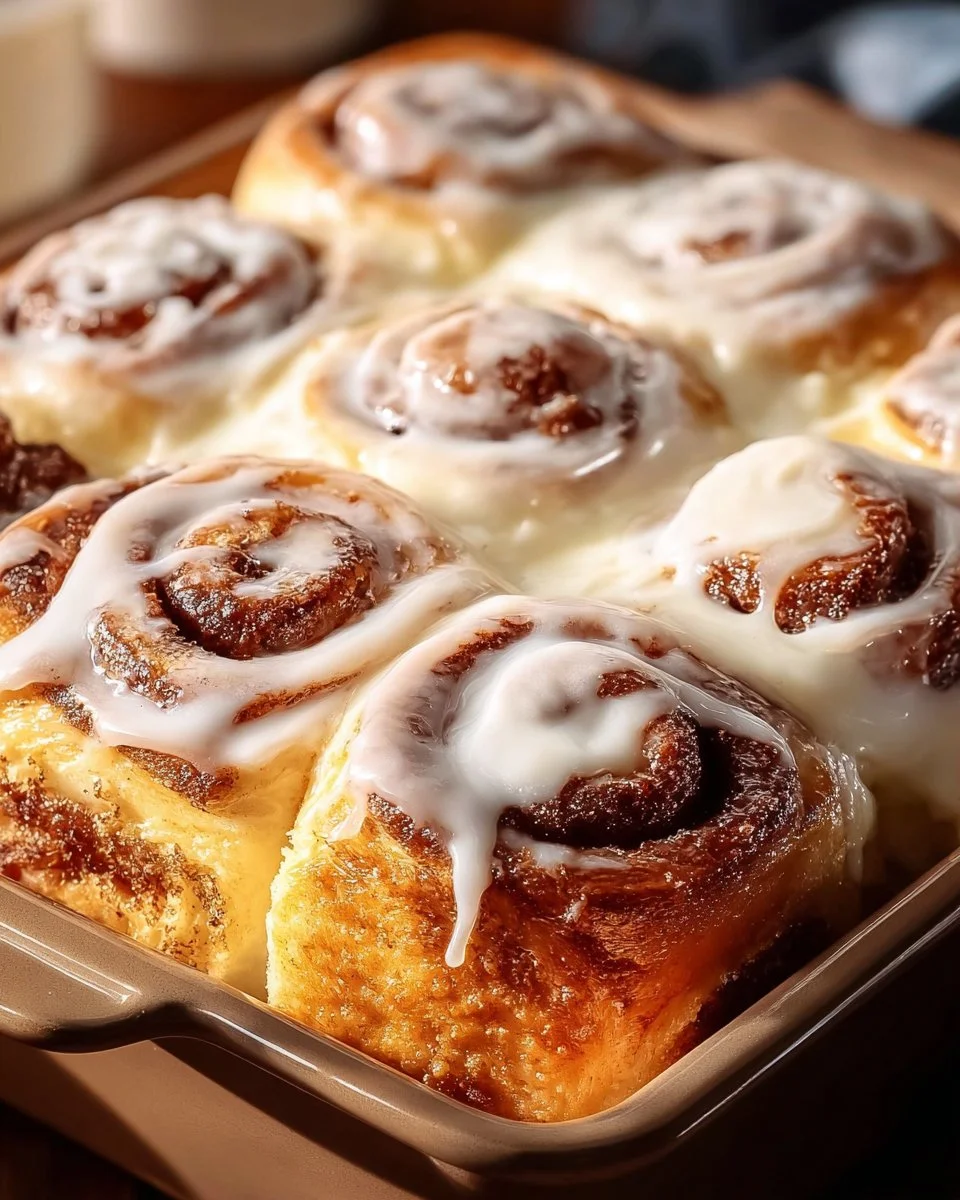Freshly baked cinnamon rolls topped with creamy icing on a wooden table