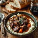 Delicious Beef Bourguignon served in a rustic bowl with vegetables and herbs.