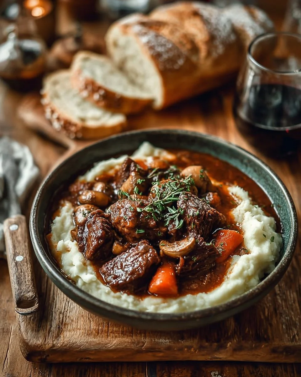 Delicious Beef Bourguignon served in a rustic bowl with vegetables and herbs.