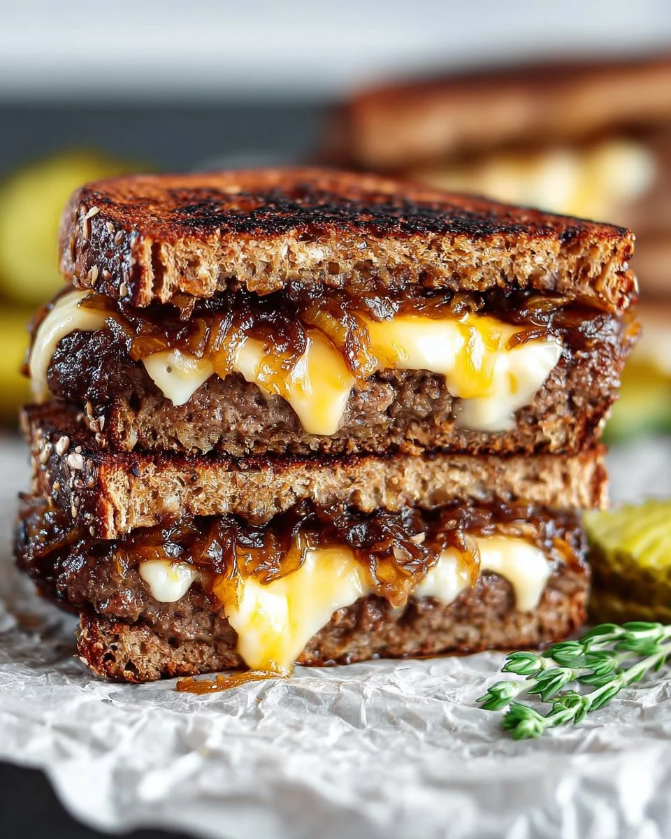 Delicious classic patty melt sandwich with beef, cheese, and grilled onions