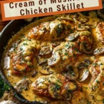 Creamy mushroom chicken skillet topped with fresh herbs and served in a cast iron pan.