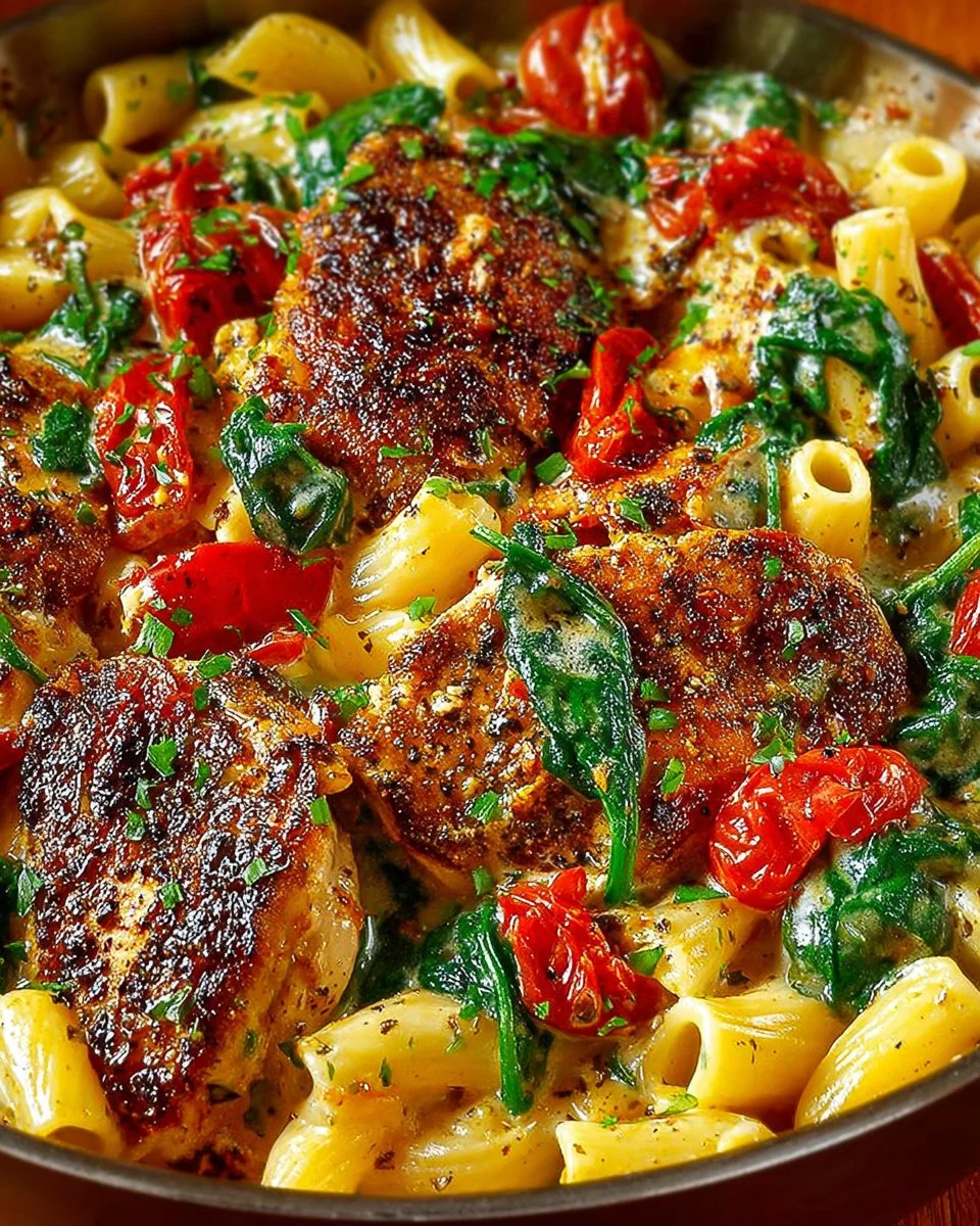 Creamy chicken pasta dish with bacon, garnished and ready to serve.