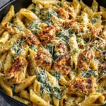 Creamy garlic chicken pasta topped with spinach and tomatoes in a creamy sauce
