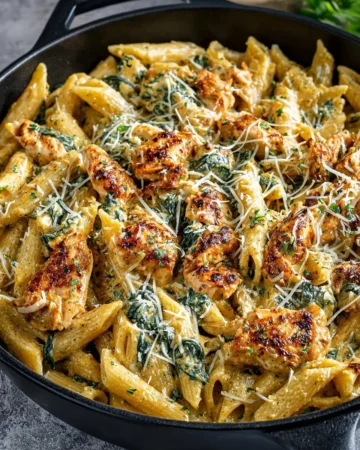 Creamy garlic chicken pasta topped with spinach and tomatoes in a creamy sauce