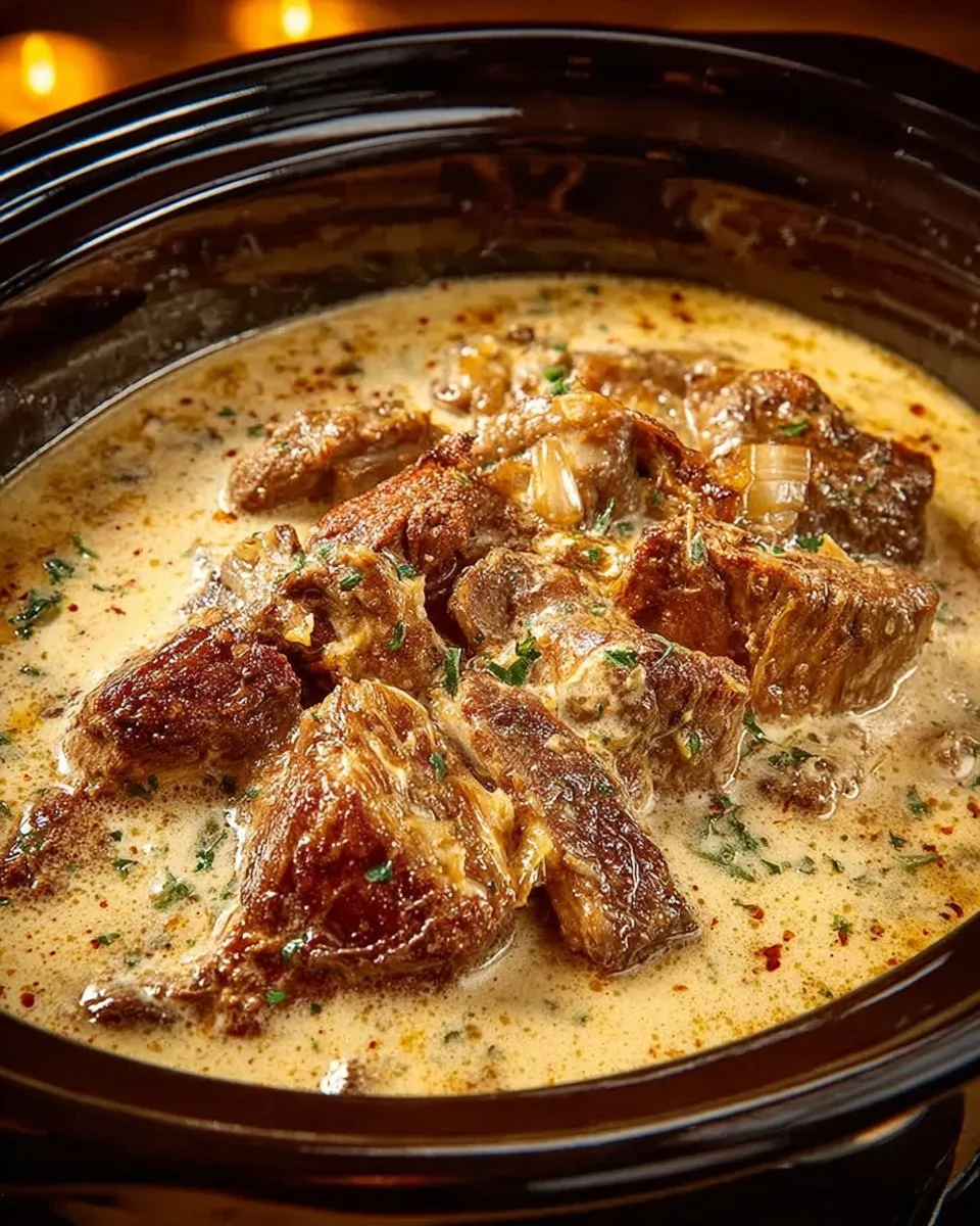 Crock Pot pot roast with cream of mushroom soup in a serving dish