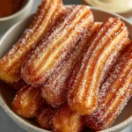 Delicious baked churro bites served with cinnamon sugar on a plate.