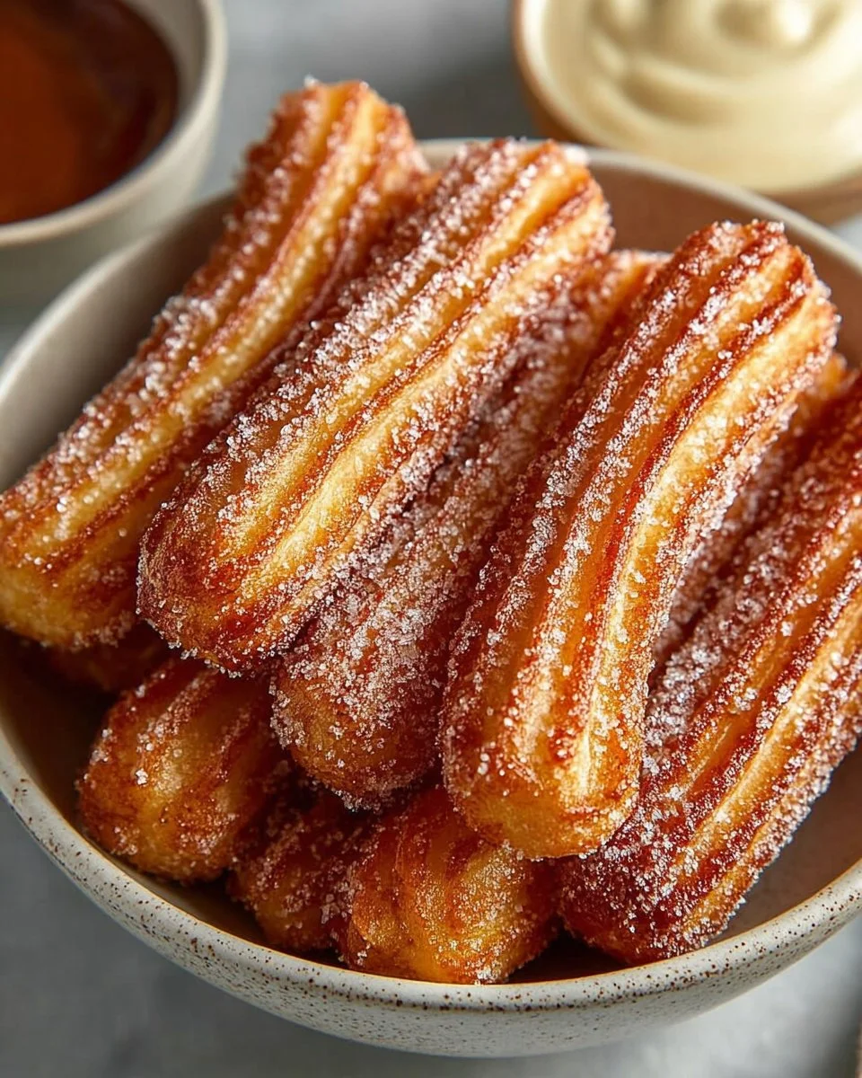 Delicious baked churro bites served with cinnamon sugar on a plate.