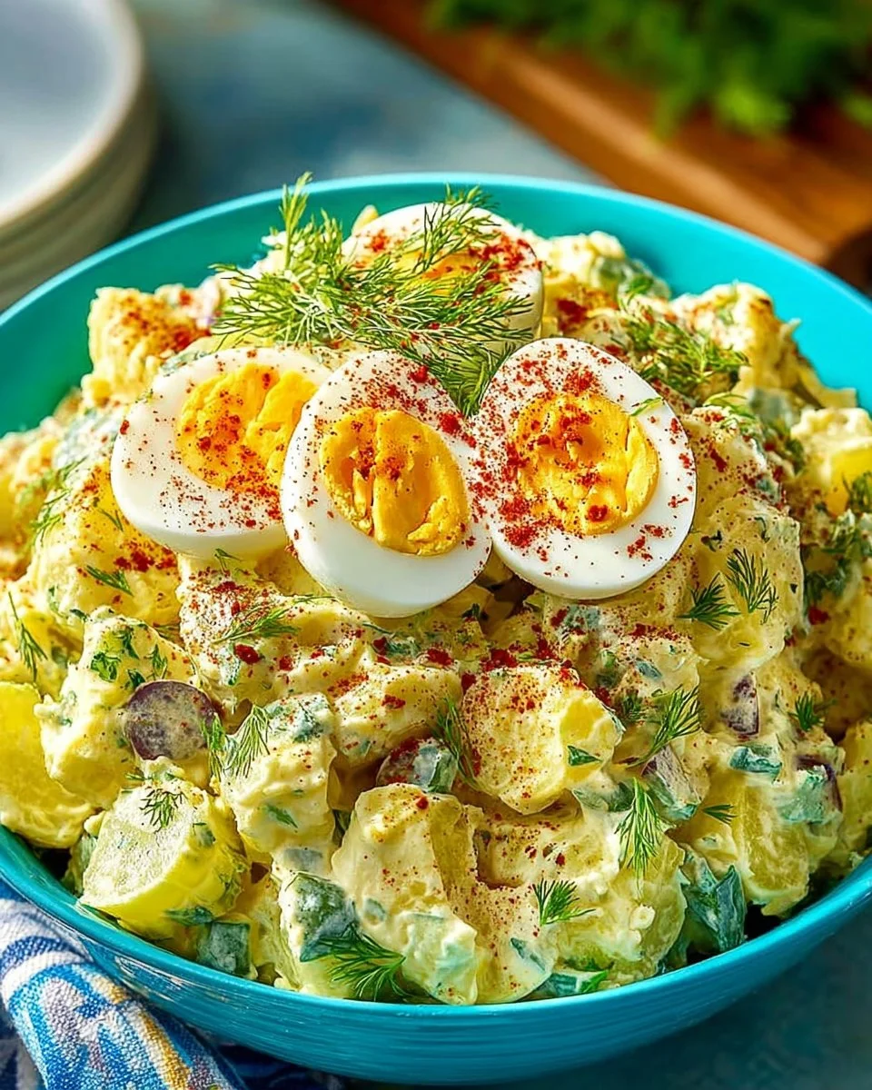 Bowl of deviled egg potato salad garnished with herbs