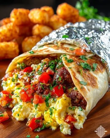 Delicious easy breakfast burrito filled with eggs, cheese, and vegetables