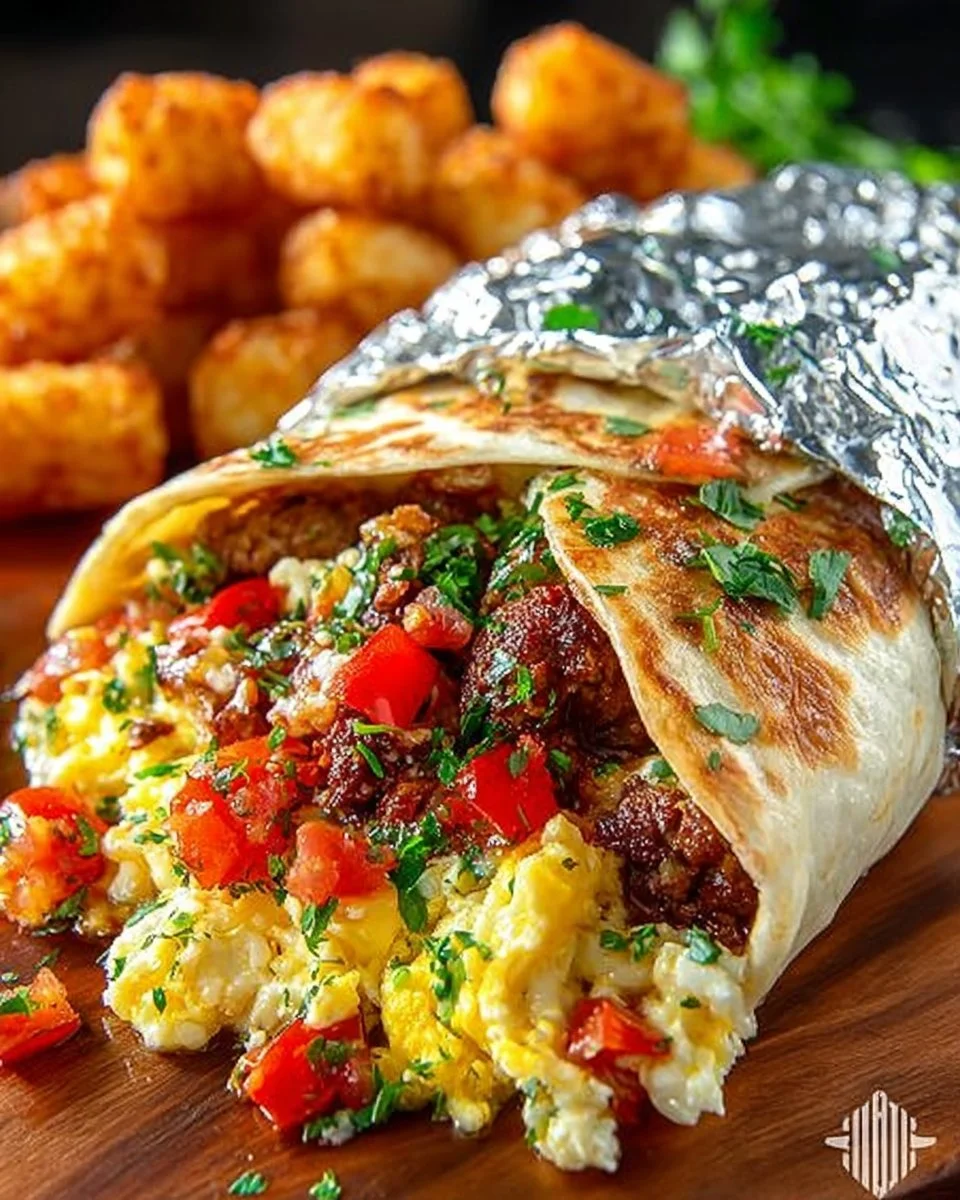 Delicious easy breakfast burrito filled with eggs, cheese, and vegetables