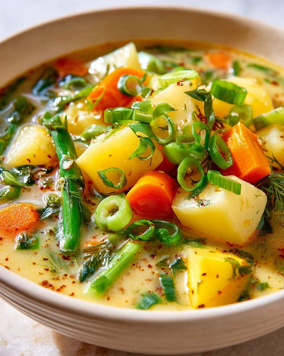 Bowl of easy creamy potato soup garnished with herbs