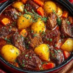 Bowl of easy homemade beef stew with tender meat and fresh vegetables