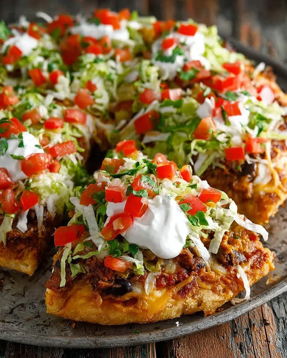 Delicious easy taco pizza topped with ground beef, cheese, lettuce, and tomatoes.