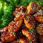 Cooked teriyaki chicken on a plate with sticky sauce and garnished with green onions