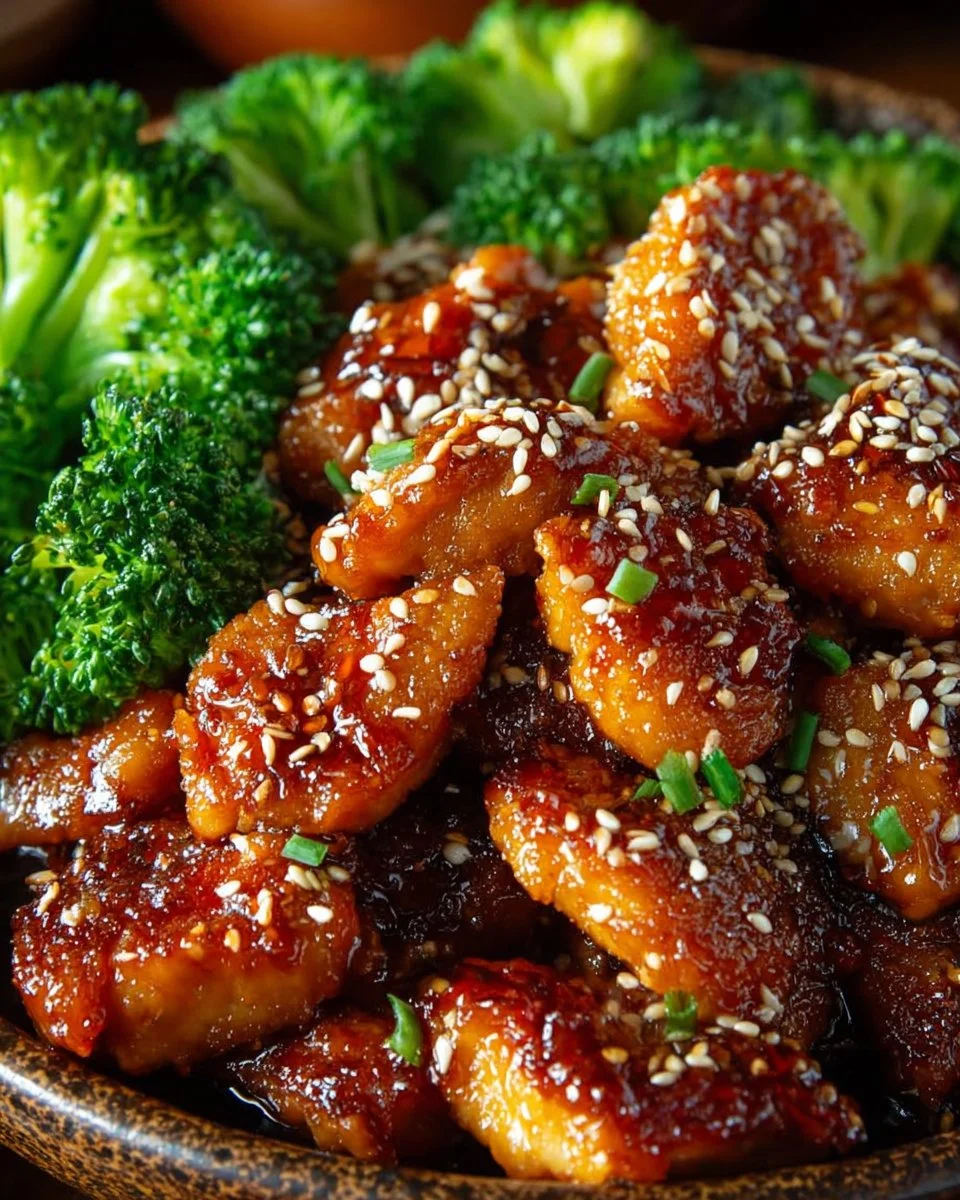 Cooked teriyaki chicken on a plate with sticky sauce and garnished with green onions